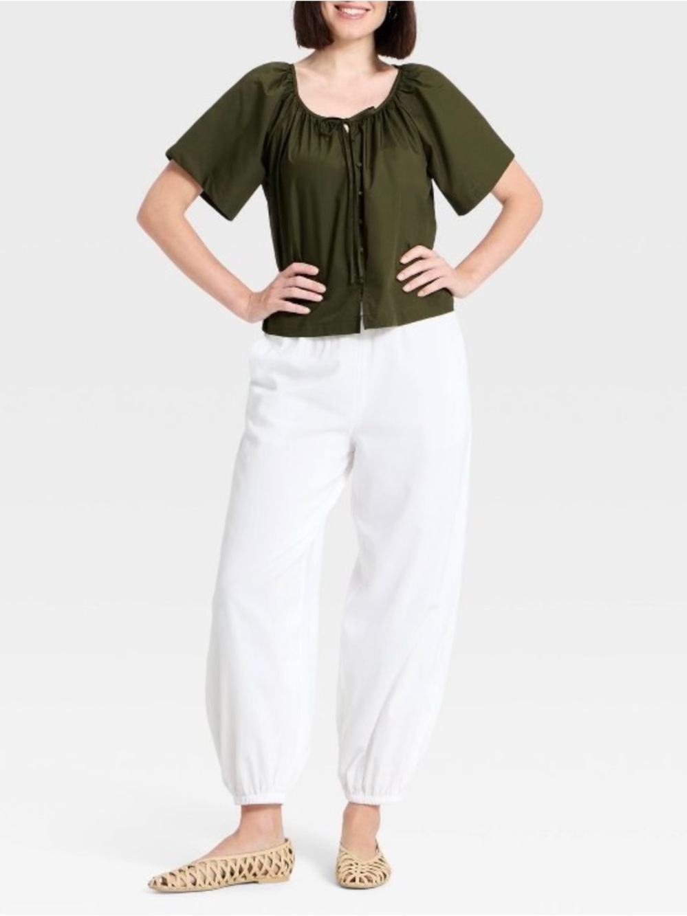 Tie Front Button-Up Short-Sleeve Peasant Blouse